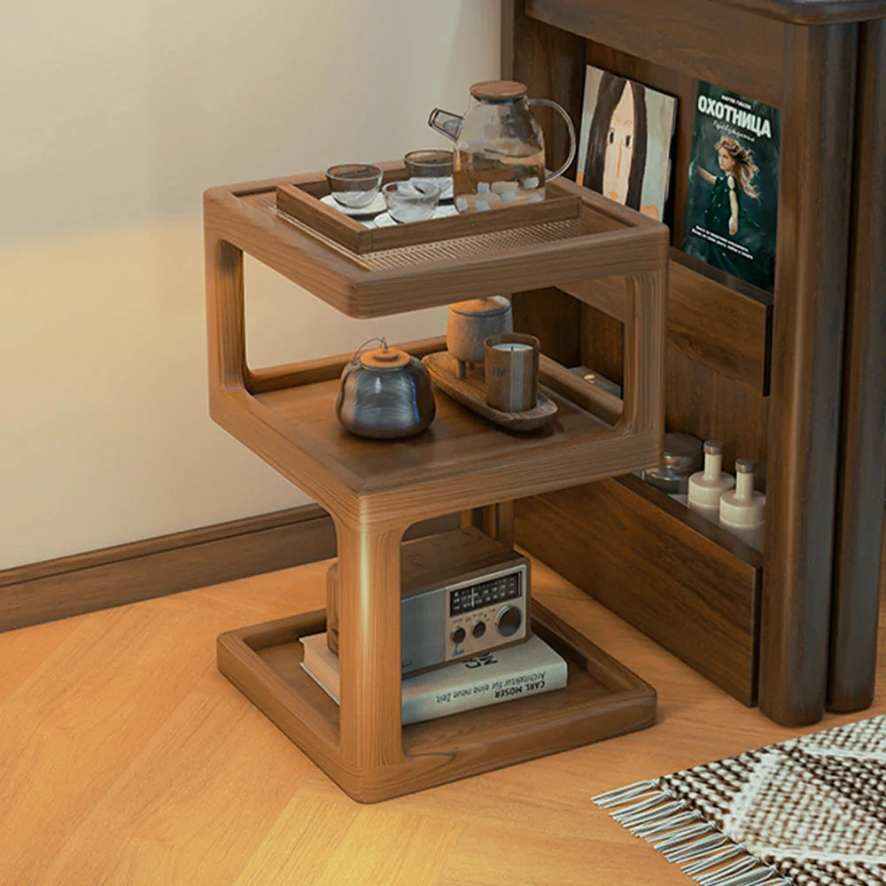 LIVARA Coffee - Rounded Ribbed Corners Shelves, with Glass Storage Table Organizer, Multi-Tier Top, Frame, Wood Solid Wood