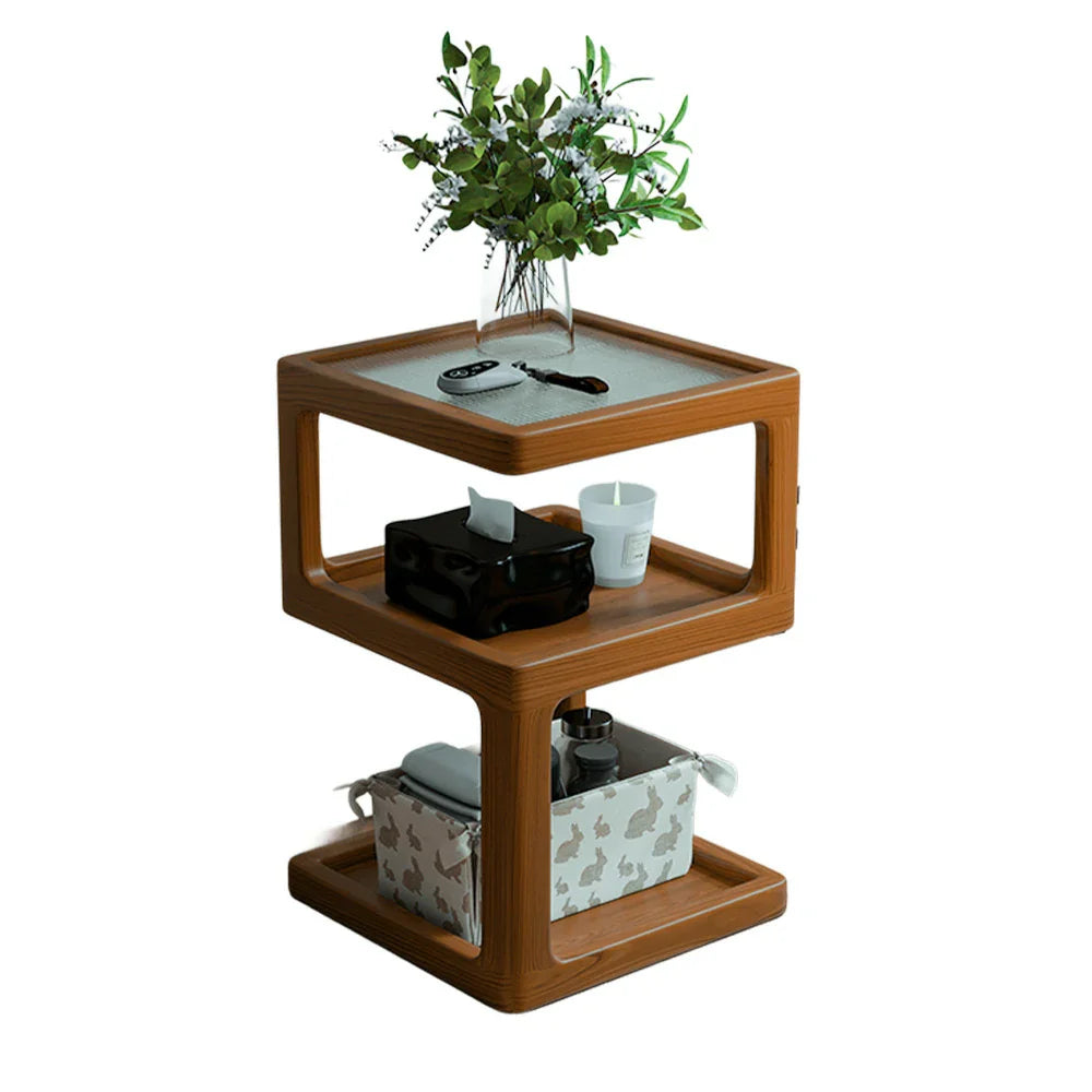 LIVARA Coffee - Rounded Ribbed Corners Shelves, with Glass Storage Table Organizer, Multi-Tier Top, Frame, Wood Solid Wood