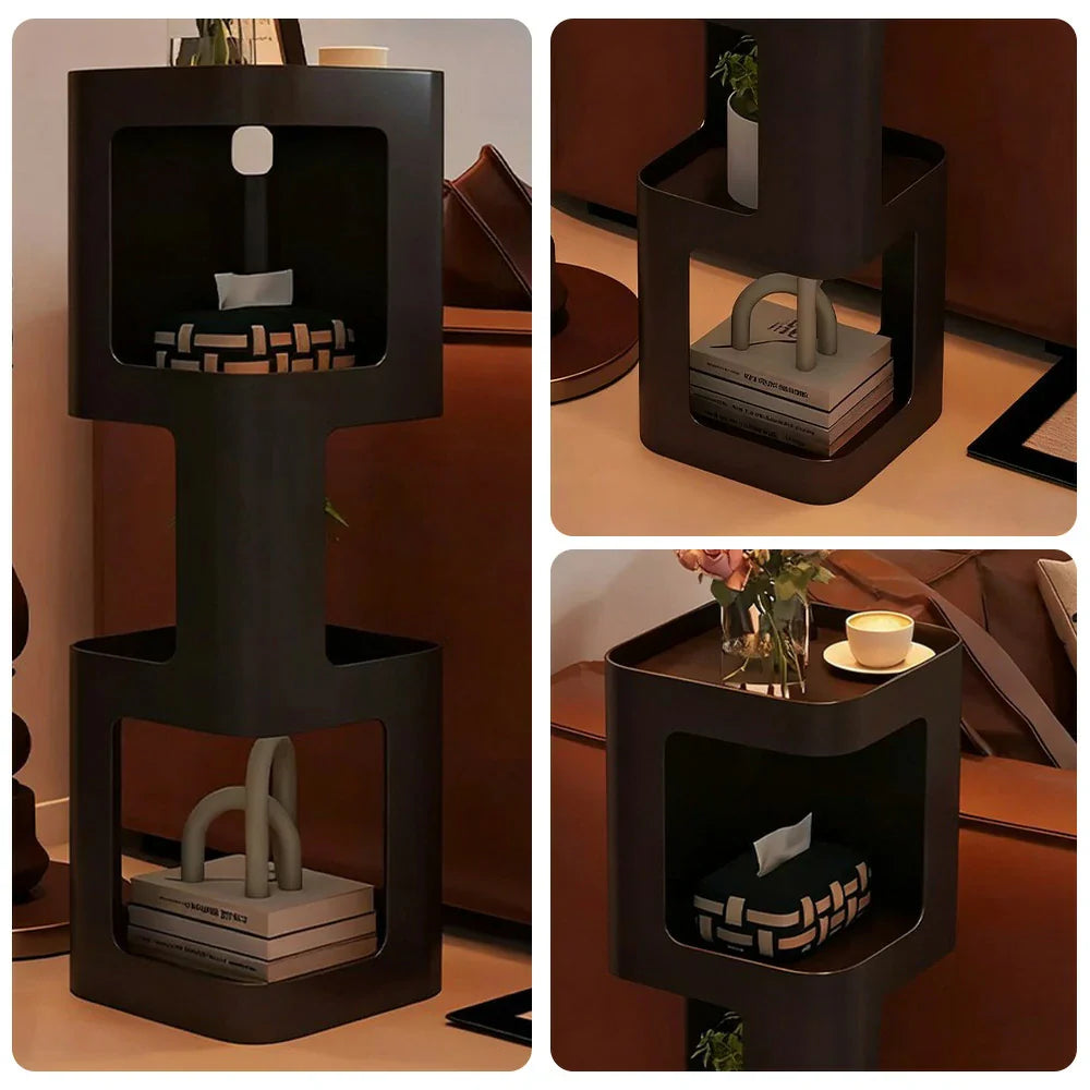 LIVARA 3-Tier - Heavy-Duty Table, Corners Storage Compact Edges, Side Rounded Iron Design, Raised Frame, Black