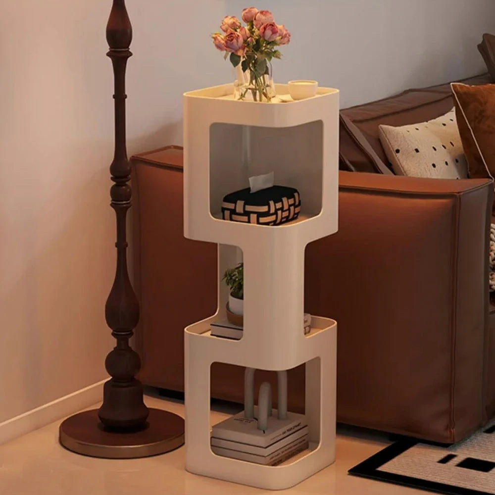 LIVARA 3-Tier Storage Iron Corners Side - Rounded Frame, Design, Edges, Table, Compact Raised Heavy-Duty White