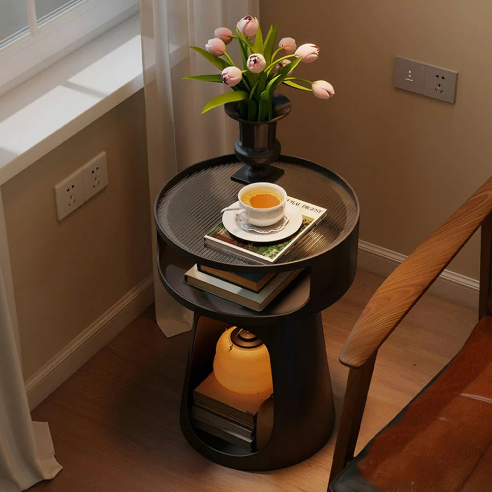 LIVARA 3-Tier Raised Glass Side Frame, Storage, Compact - Edges, Iron Heavy-Duty Base Anti-Noise Table, Black