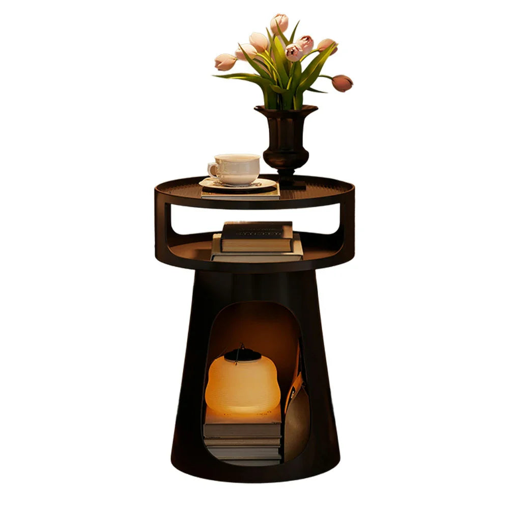 LIVARA 3-Tier Raised Glass Side Frame, Storage, Compact - Edges, Iron Heavy-Duty Base Anti-Noise Table, Black