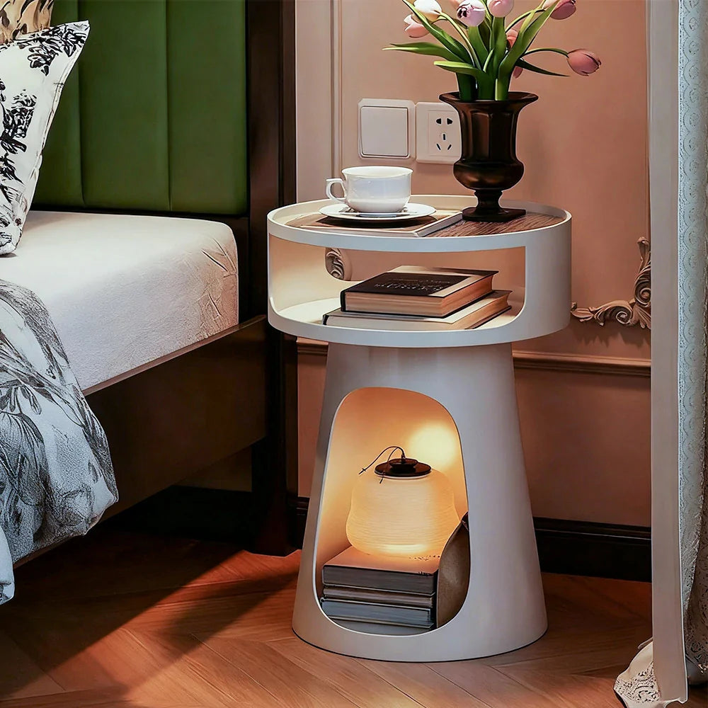 LIVARA 3-Tier Raised Table, Base Storage, Iron Side Frame, Anti-Noise Glass Heavy-Duty Compact - Edges, White
