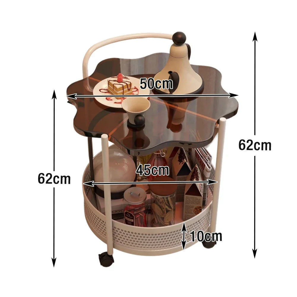 LIVARA Bedside Storage Lockable Storage Design, Glass with Dual-Tier Table, Tempered Wheels - Top, Petal-Shaped Brown