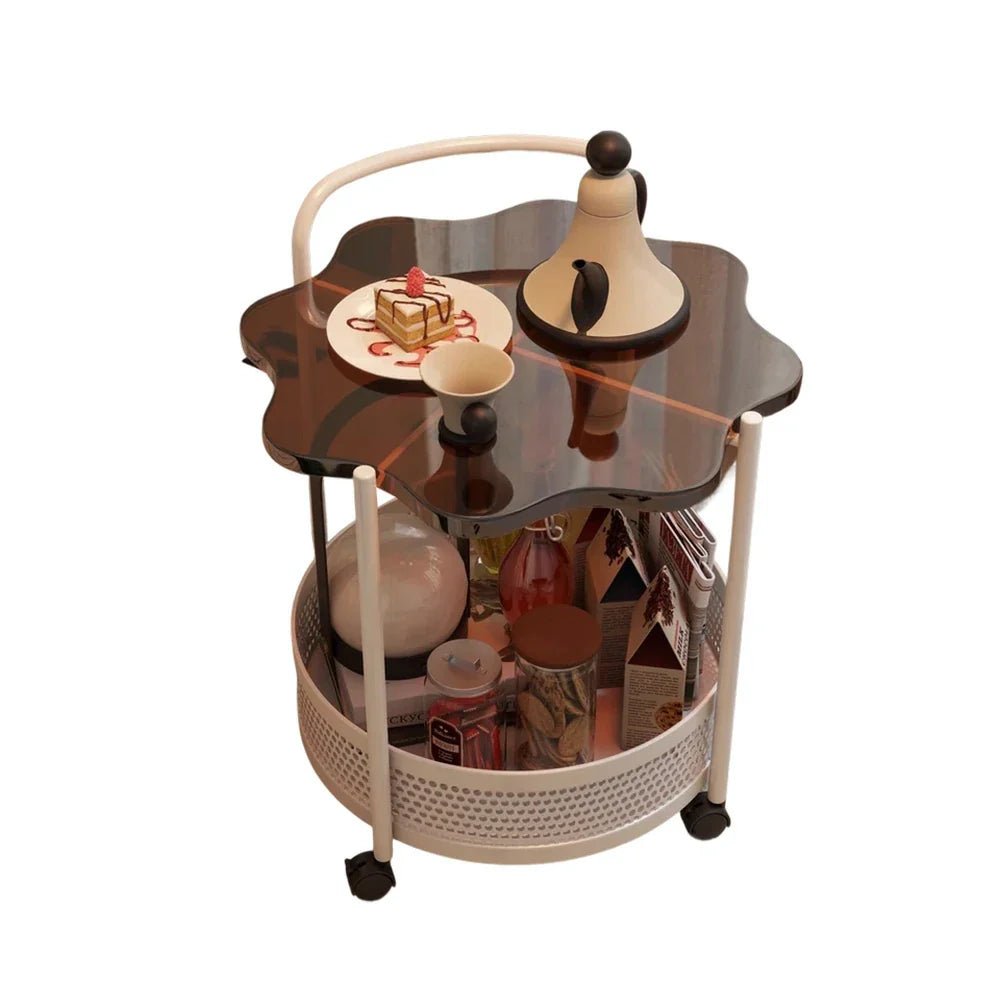 LIVARA Bedside Storage Lockable Storage Design, Glass with Dual-Tier Table, Tempered Wheels - Top, Petal-Shaped Brown