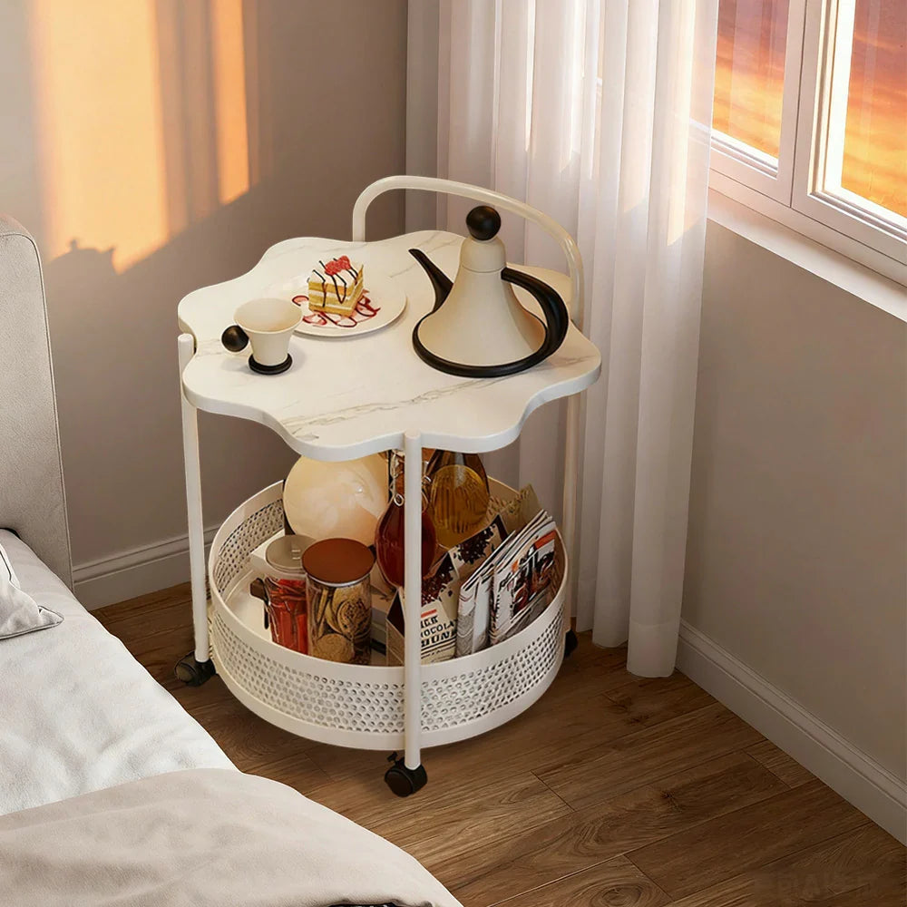 LIVARA Bedside Table, Sintered Lockable Storage - Stone Design, Wheels with Top, Petal-Shaped Storage Dual-Tier White