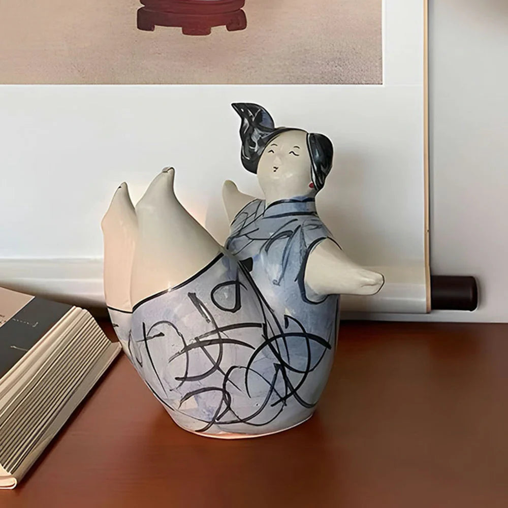 LIVARA Sculptural Ceramic Figurine - Expressive Dancing Form Hand-Painted Line Art Finish Artistic Statement Decor for Modern Interiors - Blue