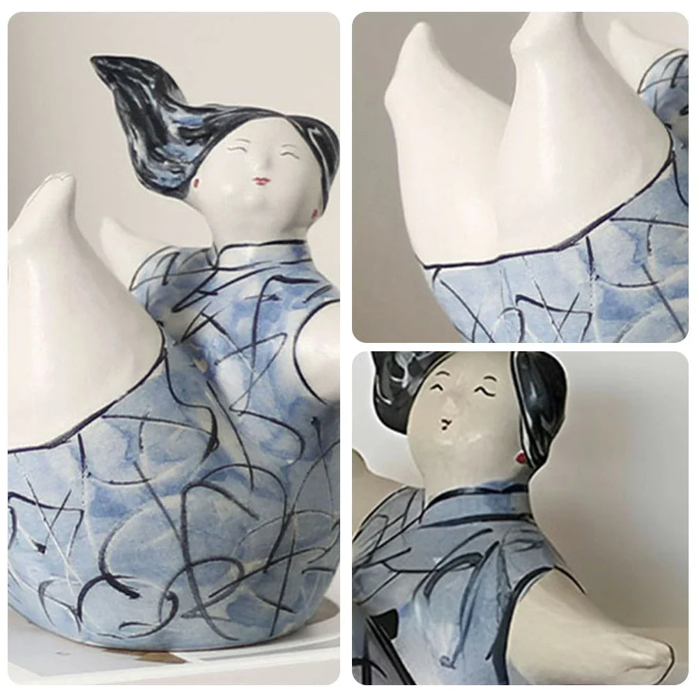 LIVARA Sculptural Ceramic Figurine - Expressive Dancing Form Hand-Painted Line Art Finish Artistic Statement Decor for Modern Interiors - Blue