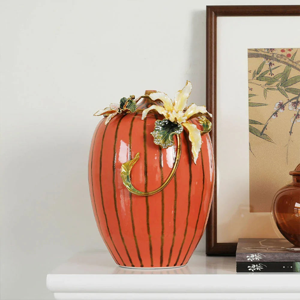 LIVARA Vintage Enamel Ceramic Vase - Sculptural Floral Relief Handcrafted Gloss Finish Elegant Statement Decor for Classic & Modern Interiors - Burnt Orange
