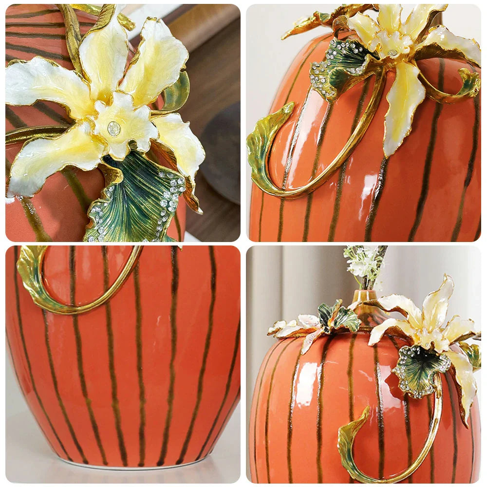LIVARA Vintage Enamel Ceramic Vase - Sculptural Floral Relief Handcrafted Gloss Finish Elegant Statement Decor for Classic & Modern Interiors - Burnt Orange