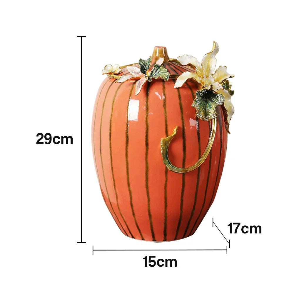 LIVARA Vintage Enamel Ceramic Vase - Sculptural Floral Relief Handcrafted Gloss Finish Elegant Statement Decor for Classic & Modern Interiors - Burnt Orange