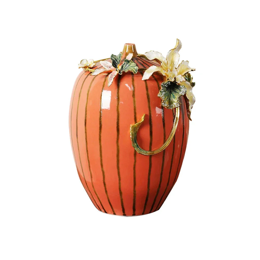 LIVARA Vintage Enamel Ceramic Vase - Sculptural Floral Relief Handcrafted Gloss Finish Elegant Statement Decor for Classic & Modern Interiors - Burnt Orange