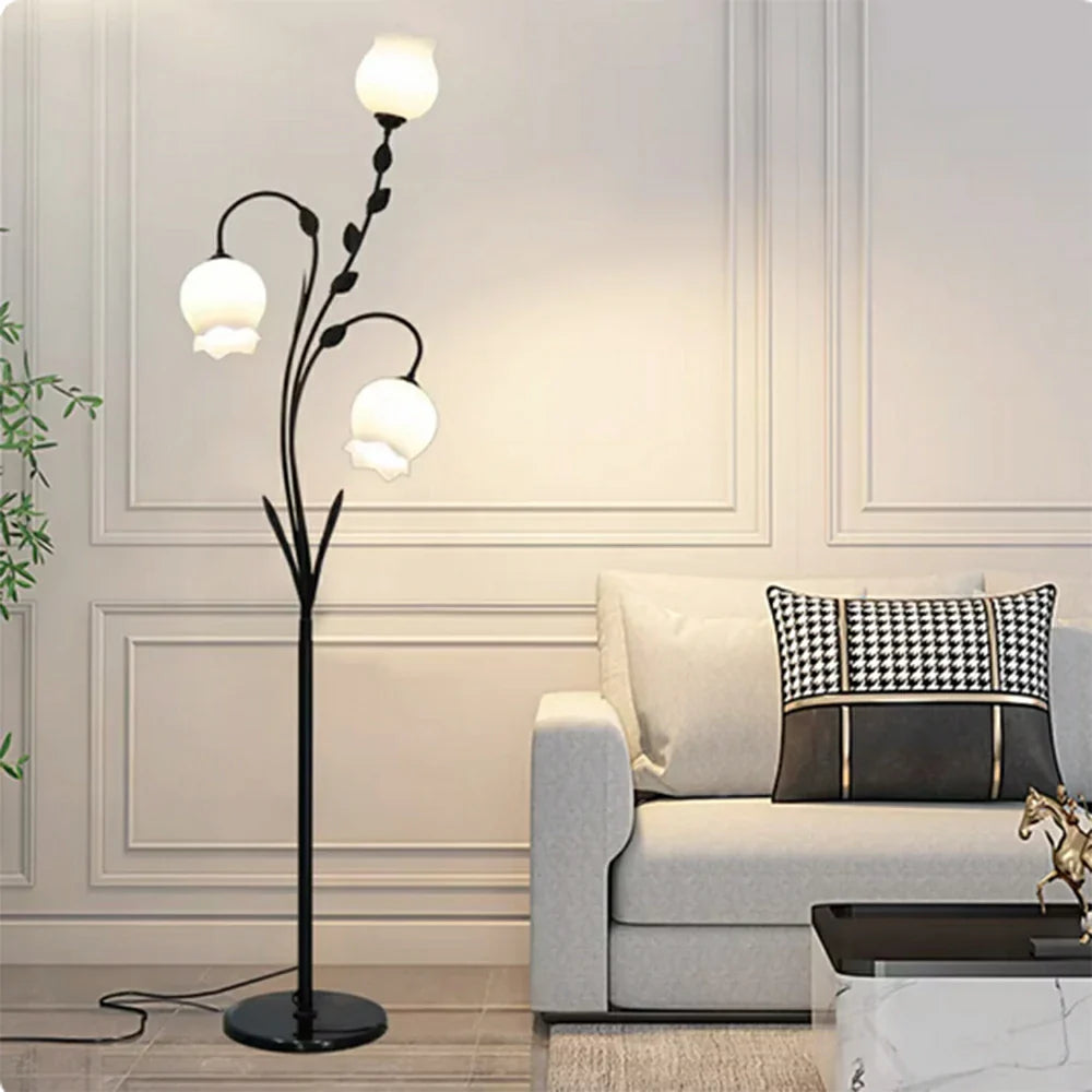 LIVARA Floor Lamp 9/12W Stable Marble Base with Triple-Flower Design, Soft Ambient Lighting, Glass Shade - Black