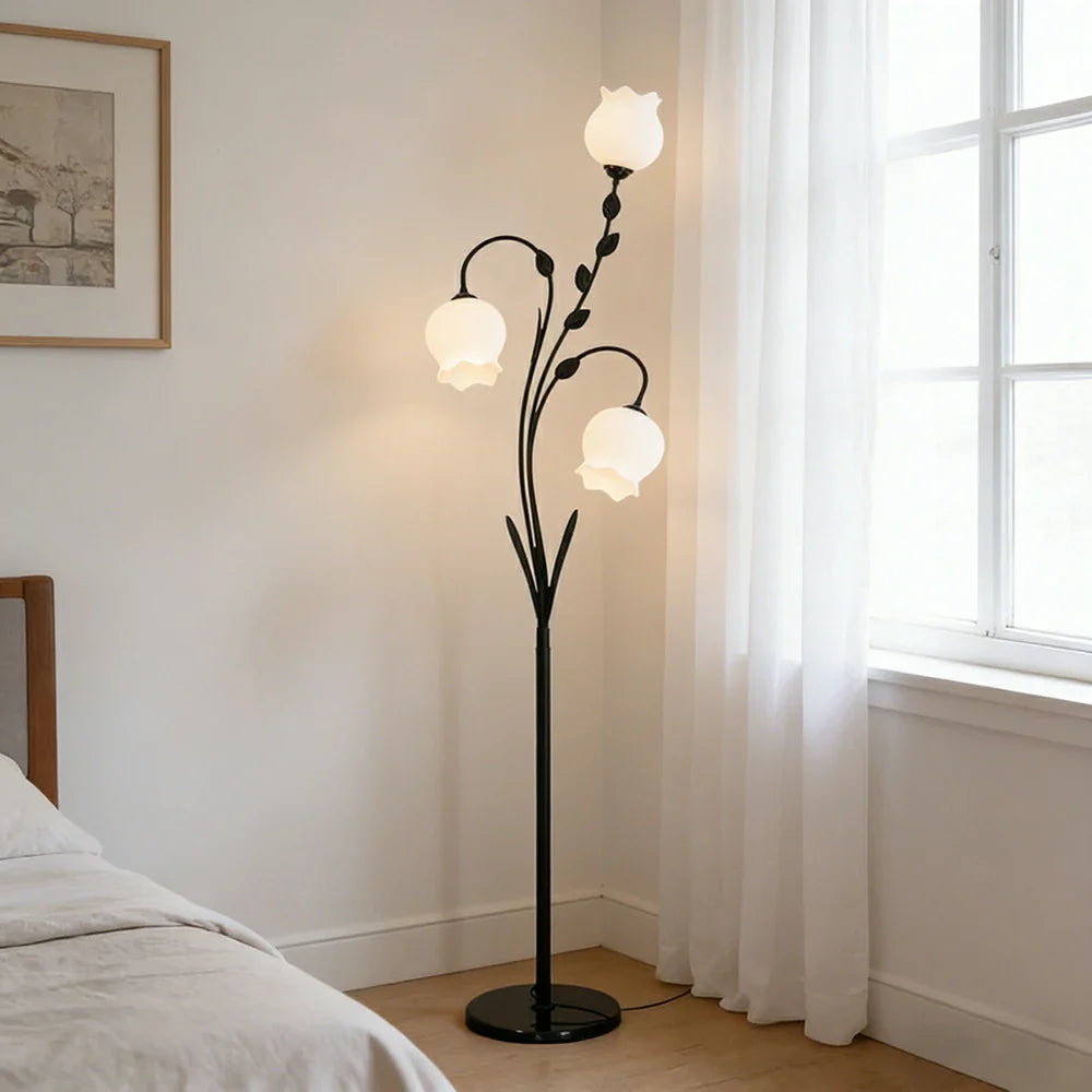 LIVARA Floor Lamp 9/12W Stable Marble Base with Triple-Flower Design, Soft Ambient Lighting, Glass Shade - Black