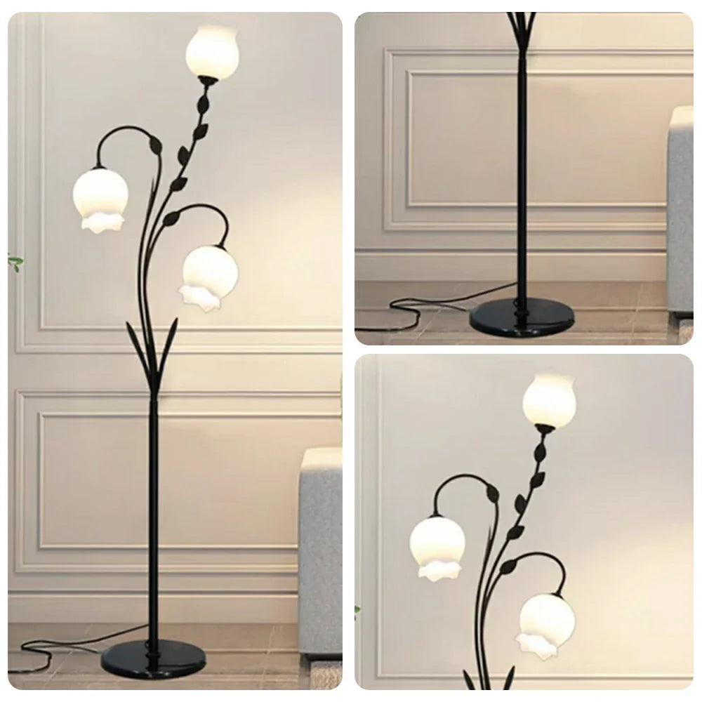 LIVARA Floor Lamp 9/12W Stable Marble Base with Triple-Flower Design, Soft Ambient Lighting, Glass Shade - Black