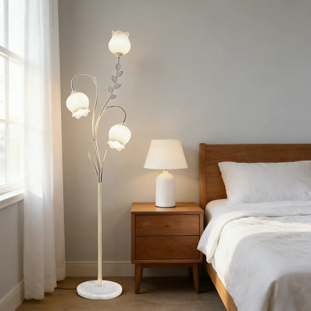 LIVARA Floor Lamp 9/12W Stable Marble Base with Triple-Flower Design, Soft Ambient Lighting, Glass Shade - White