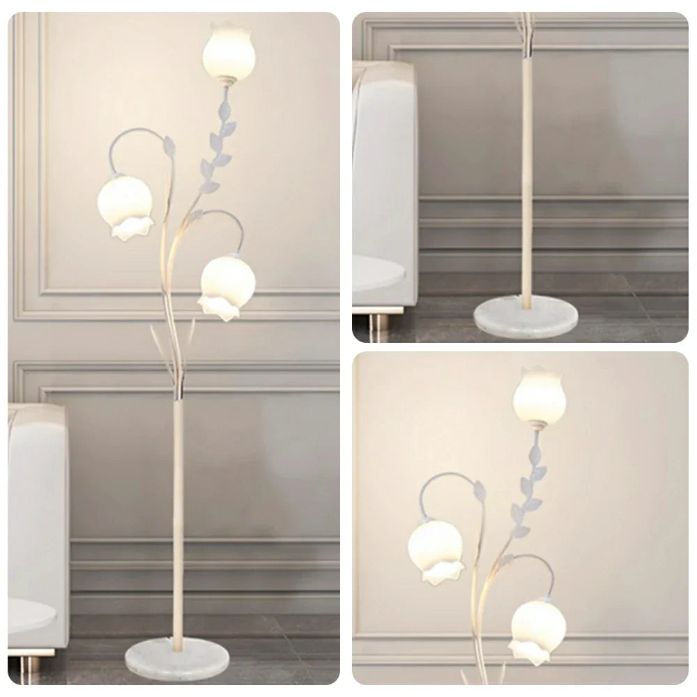 LIVARA Floor Lamp 9/12W Stable Marble Base with Triple-Flower Design, Soft Ambient Lighting, Glass Shade - White