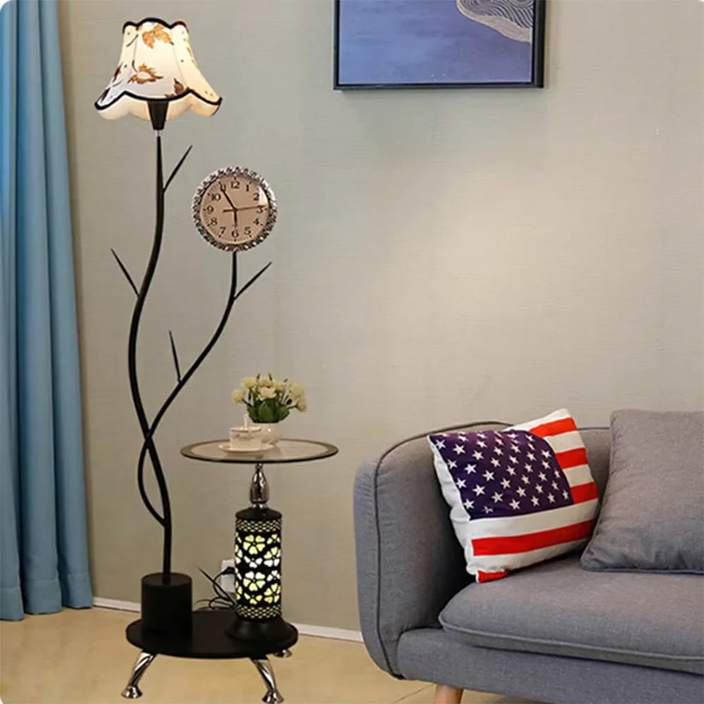 LIVARA 9/12W Floor Lamp Stable Glass Top Design with Side Table Clock, Soft Ambient Lighting, Fabric Shade - Black