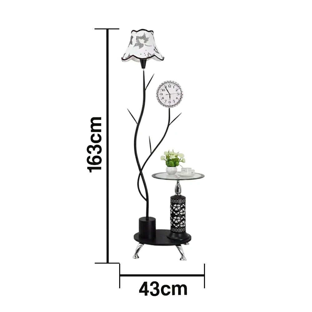 LIVARA 9/12W Floor Lamp Stable Glass Top Design with Side Table Clock, Soft Ambient Lighting, Fabric Shade - Black