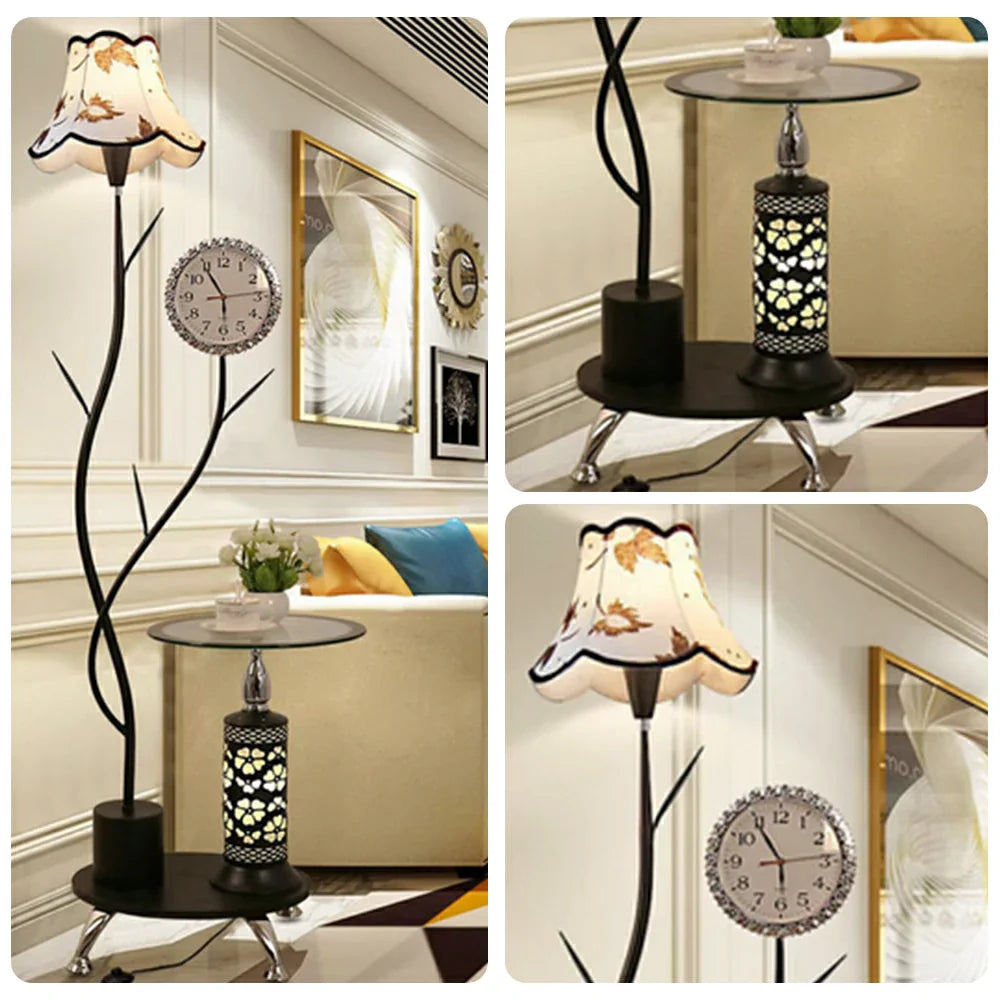 LIVARA 9/12W Floor Lamp Stable Glass Top Design with Side Table Clock, Soft Ambient Lighting, Fabric Shade - Black