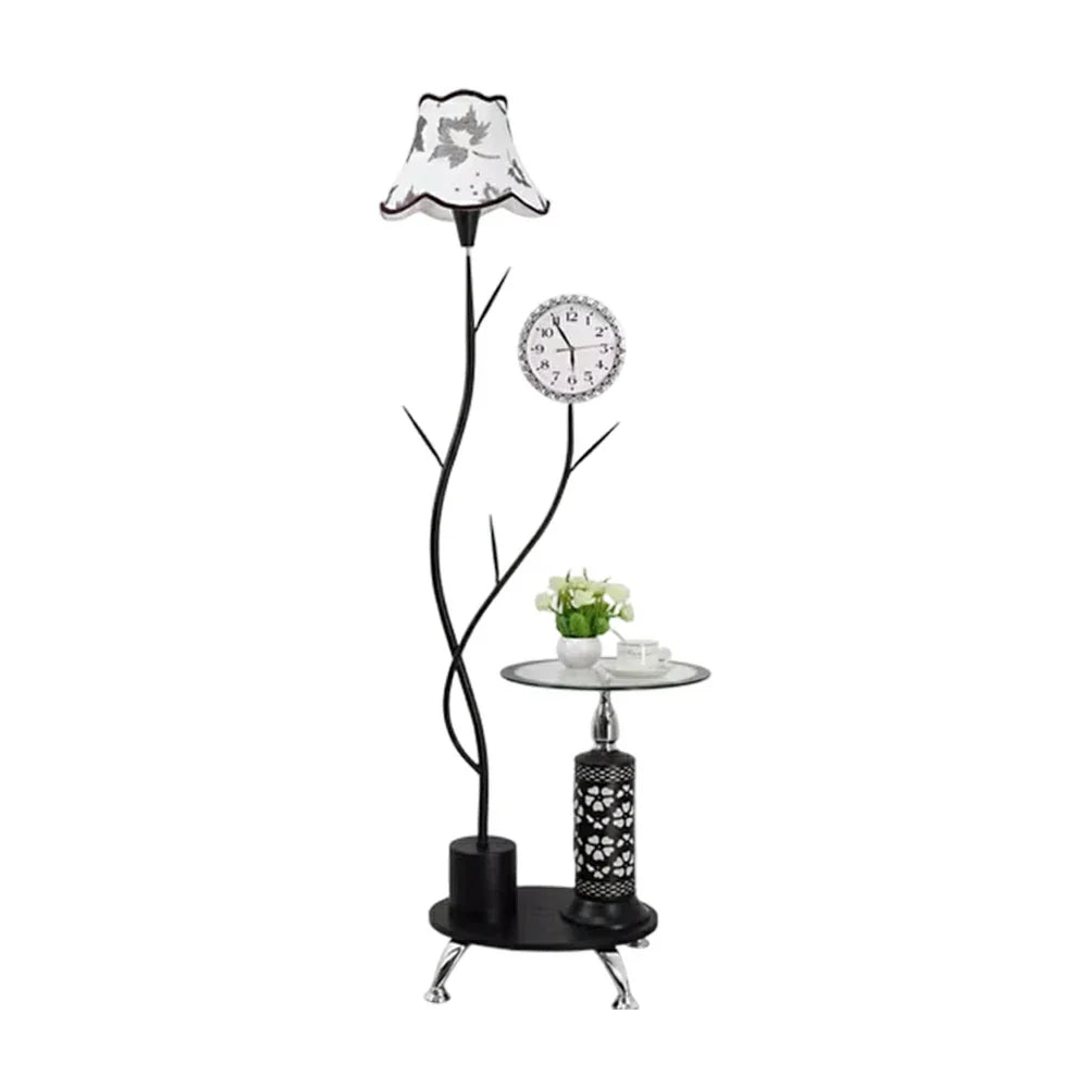 LIVARA 9/12W Floor Lamp Stable Glass Top Design with Side Table Clock, Soft Ambient Lighting, Fabric Shade - Black