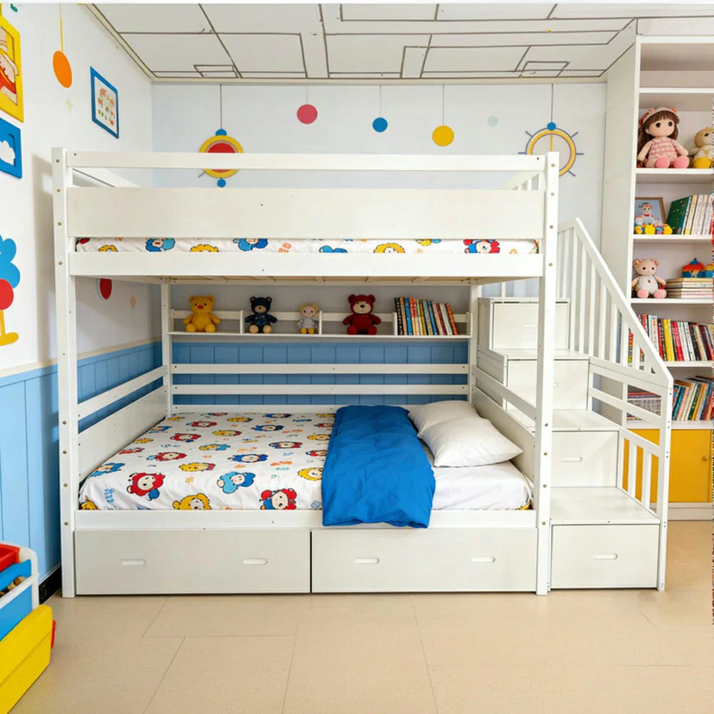 LIVARA Double Over Double Bunk Bed Frame Solid Pine Timber Construction Safety Guardrails Large Storage Drawers & Shelves - White