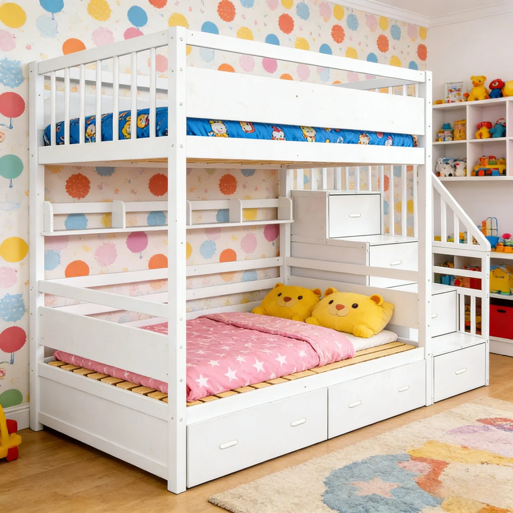 LIVARA Double Over Double Bunk Bed Frame Solid Pine Timber Construction Safety Guardrails Large Storage Drawers & Shelves - White