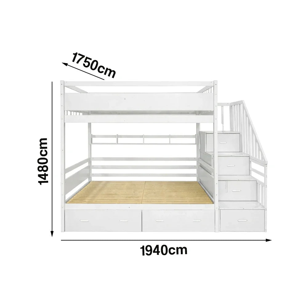 LIVARA Double Over Double Bunk Bed Frame Solid Pine Timber Construction Safety Guardrails Large Storage Drawers & Shelves - White