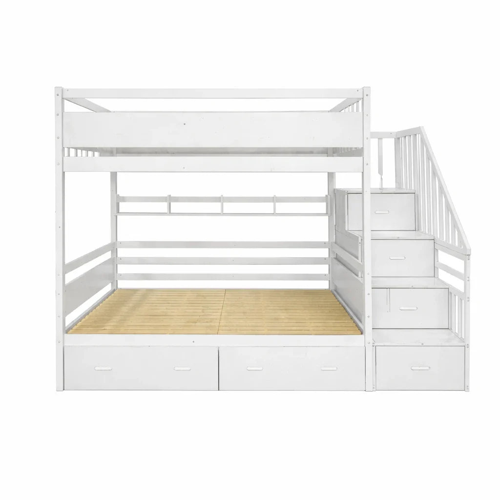 LIVARA Double Over Double Bunk Bed Frame Solid Pine Timber Construction Safety Guardrails Large Storage Drawers & Shelves - White