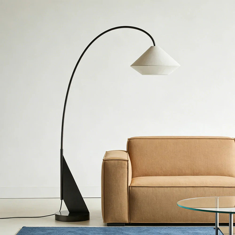 LIVARA Floor Lamp - Soft Diffused Lighting, Curved Design, Metal Frame with Fabric Shade & Geometric Base