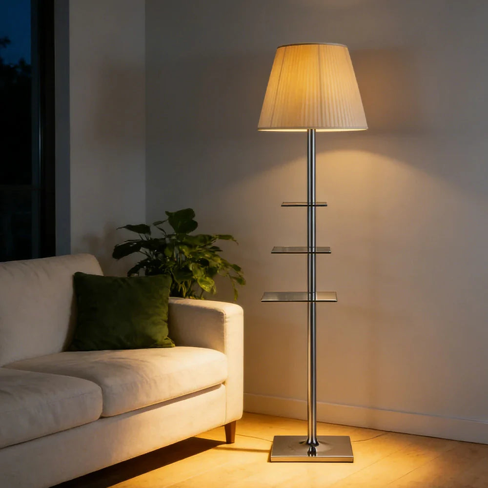 LIVARA Floor Lamp - 2-in-1 Lighting & Storage, Rotatable Multi-Tier Trays, Acrylic Shade, Iron Frame - Beige