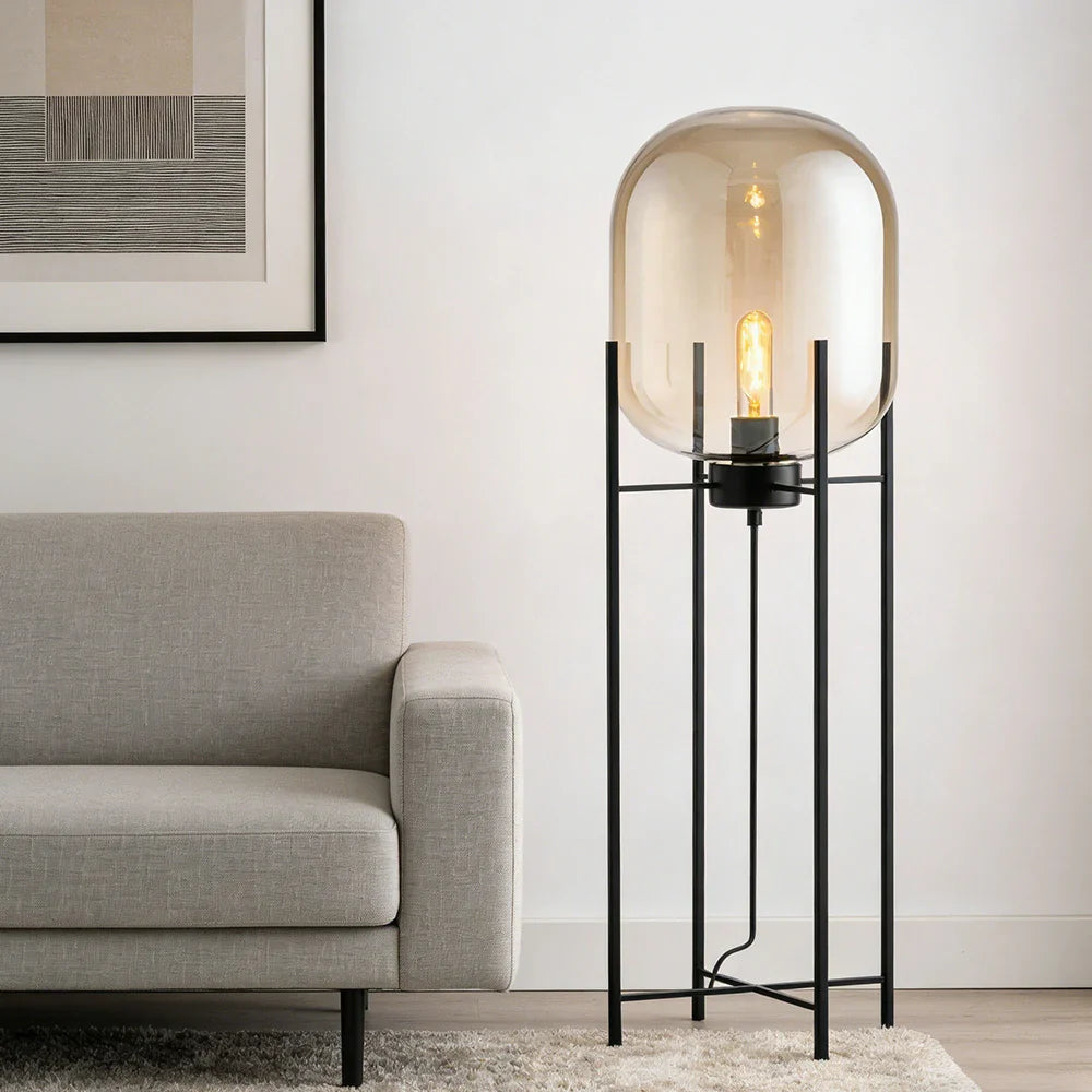 LIVARA Floor Lamp - Warm Ambient Lighting, Semi-Transparent Glass Shade, Four-Post Design, Metal Frame - Brown