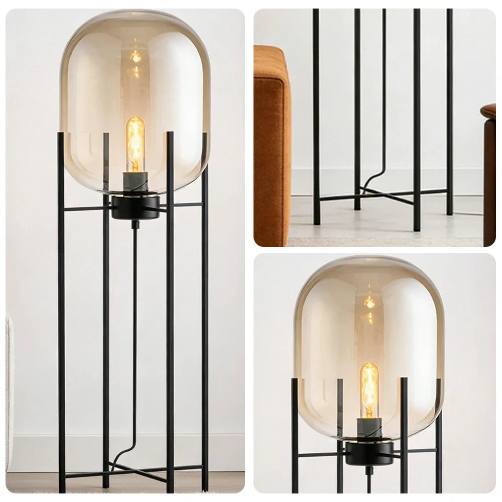 LIVARA Floor Lamp - Warm Ambient Lighting, Semi-Transparent Glass Shade, Four-Post Design, Metal Frame - Brown