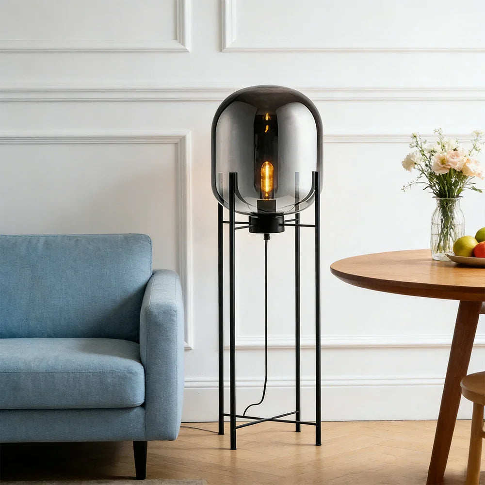 LIVARA Floor Lamp - Warm Ambient Lighting, Semi-Transparent Glass Shade, Four-Post Design, Metal Frame - Grey