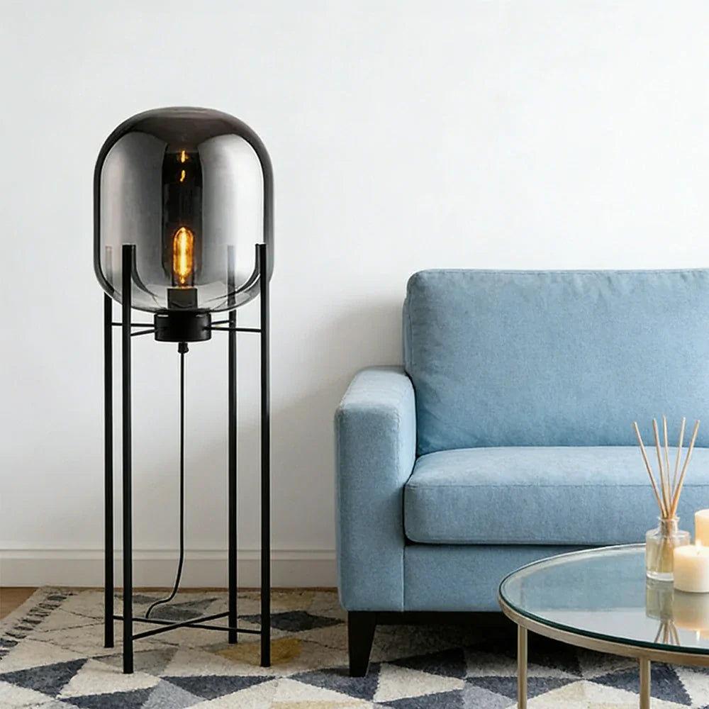 LIVARA Floor Lamp - Warm Ambient Lighting, Semi-Transparent Glass Shade, Four-Post Design, Metal Frame - Grey