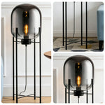 LIVARA Floor Lamp - Warm Ambient Lighting, Semi-Transparent Glass Shade, Four-Post Design, Metal Frame - Grey