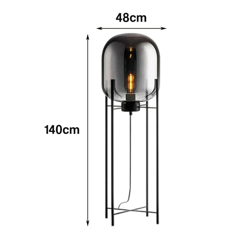 LIVARA Floor Lamp - Warm Ambient Lighting, Semi-Transparent Glass Shade, Four-Post Design, Metal Frame - Grey