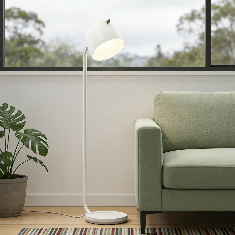 LIVARA Floor Lamp - Adjustable Reading Light, Curved Pole Design, Metal Frame with Stable Round Base - White