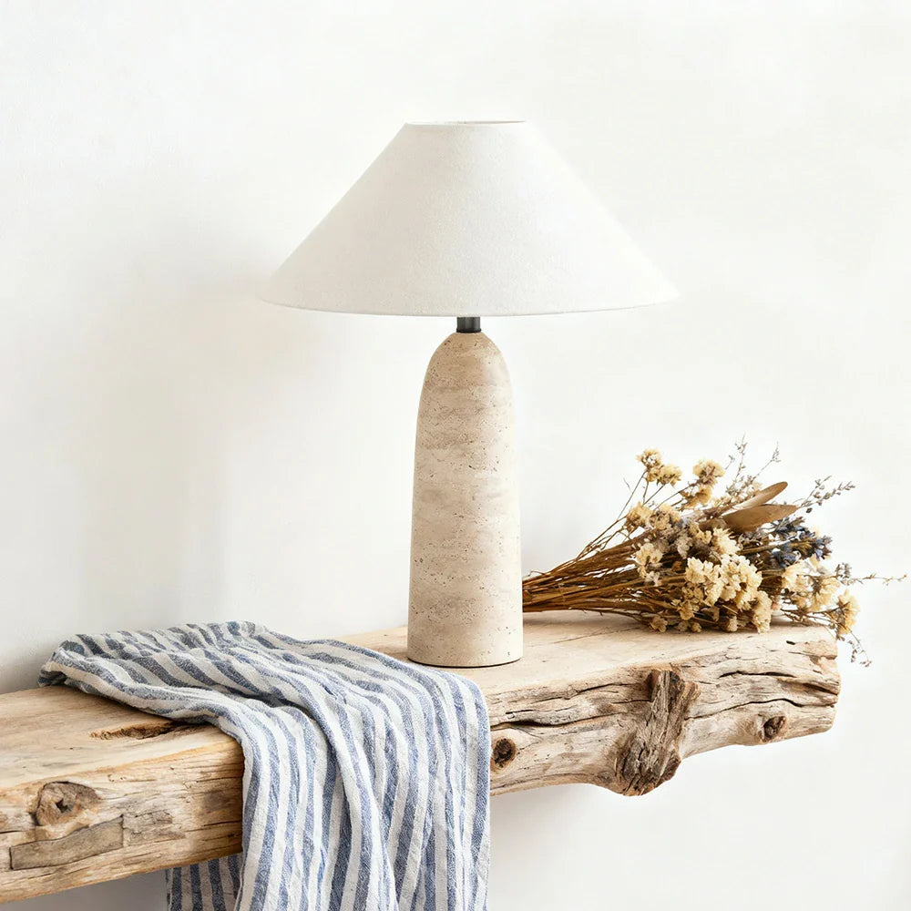 LIVARA Table Lamp - Cone-Shaped Shade, Natural Limestone Base, Soft Ambient Light, Sculptural Style
