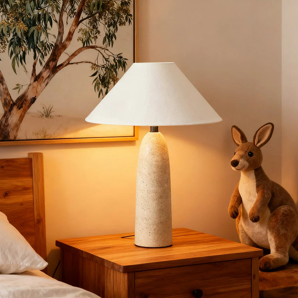 LIVARA Table Lamp - Cone-Shaped Shade, Natural Limestone Base, Soft Ambient Light, Sculptural Style
