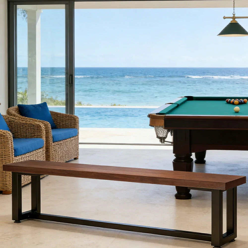 LIVARA 120/140cm Solid Wood Bench Seating - Heavy-Duty Dining & Pool Table Bench with Metal Frame Multi-Purpose Long Bench for Home & Game Rooms - Walnut Brown