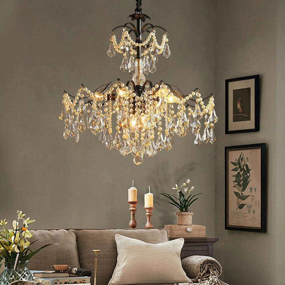 LIVARA 50/65/80cm High-Quality Iron Frame Crystal Pendant Light Adjustable Height, Crystal Beads, Elegant Light Diffusion