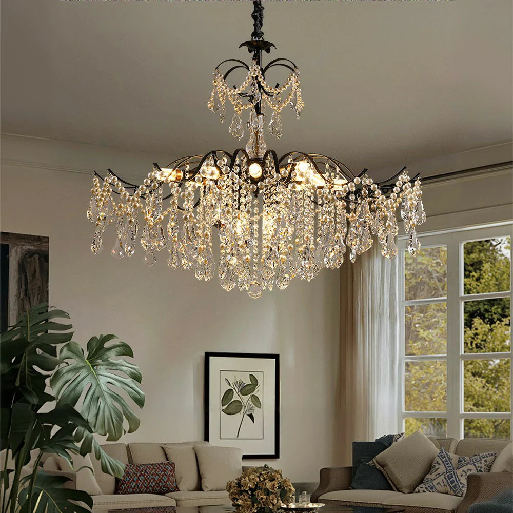 LIVARA 50/65/80cm High-Quality Iron Frame Crystal Pendant Light Adjustable Height, Crystal Beads, Elegant Light Diffusion