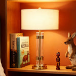 LIVARA Table Lamp - Brushed Bronze Finish, Dual Glass Columns, Fabric Shade, Soft Warm Light, Artistic Look