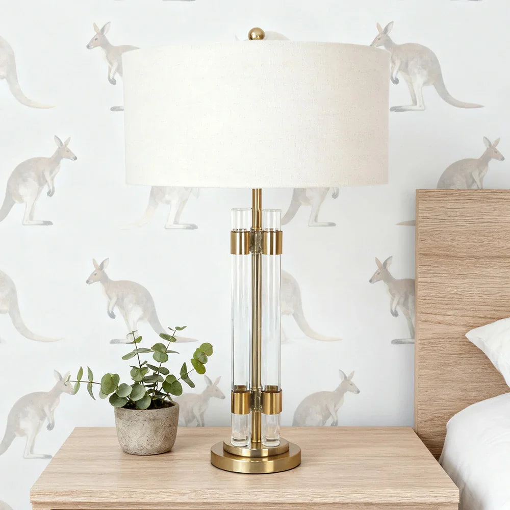 LIVARA Table Lamp - Brushed Bronze Finish, Dual Glass Columns, Fabric Shade, Soft Warm Light, Artistic Look