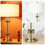 LIVARA Table Lamp - Brushed Bronze Finish, Dual Glass Columns, Fabric Shade, Soft Warm Light, Artistic Look