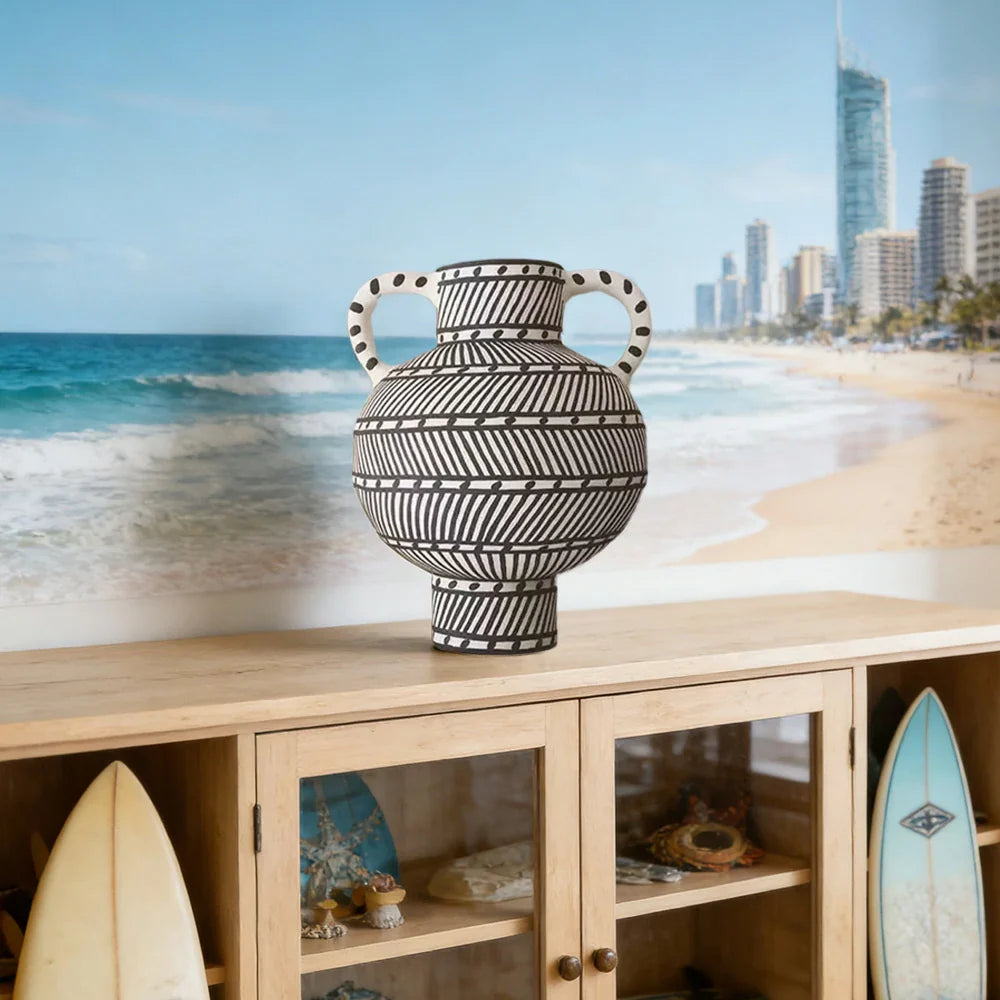 LIVARA Handcrafted Ceramic Vase - Sculptural Double-Handle Design with Graphic Line Pattern Artistic Statement Decor for Modern Interiors - Black & White