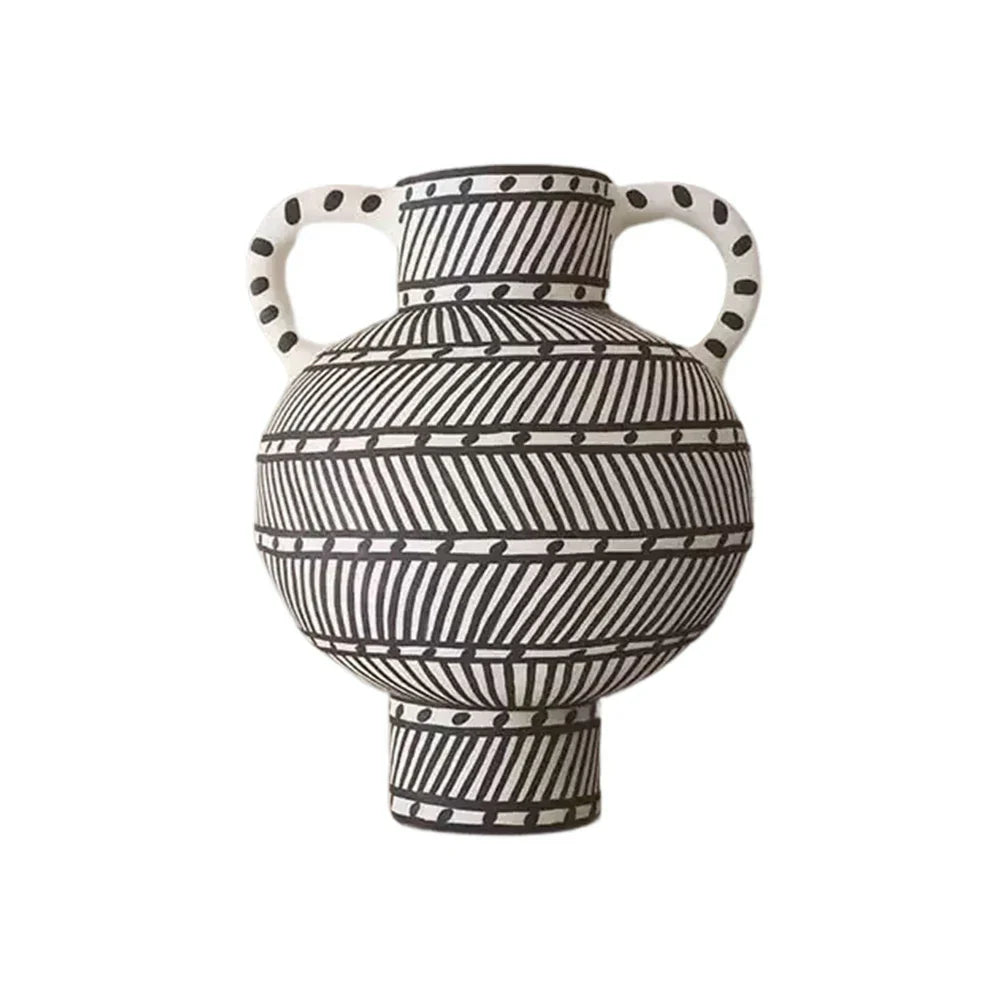 LIVARA Handcrafted Ceramic Vase - Sculptural Double-Handle Design with Graphic Line Pattern Artistic Statement Decor for Modern Interiors - Black & White
