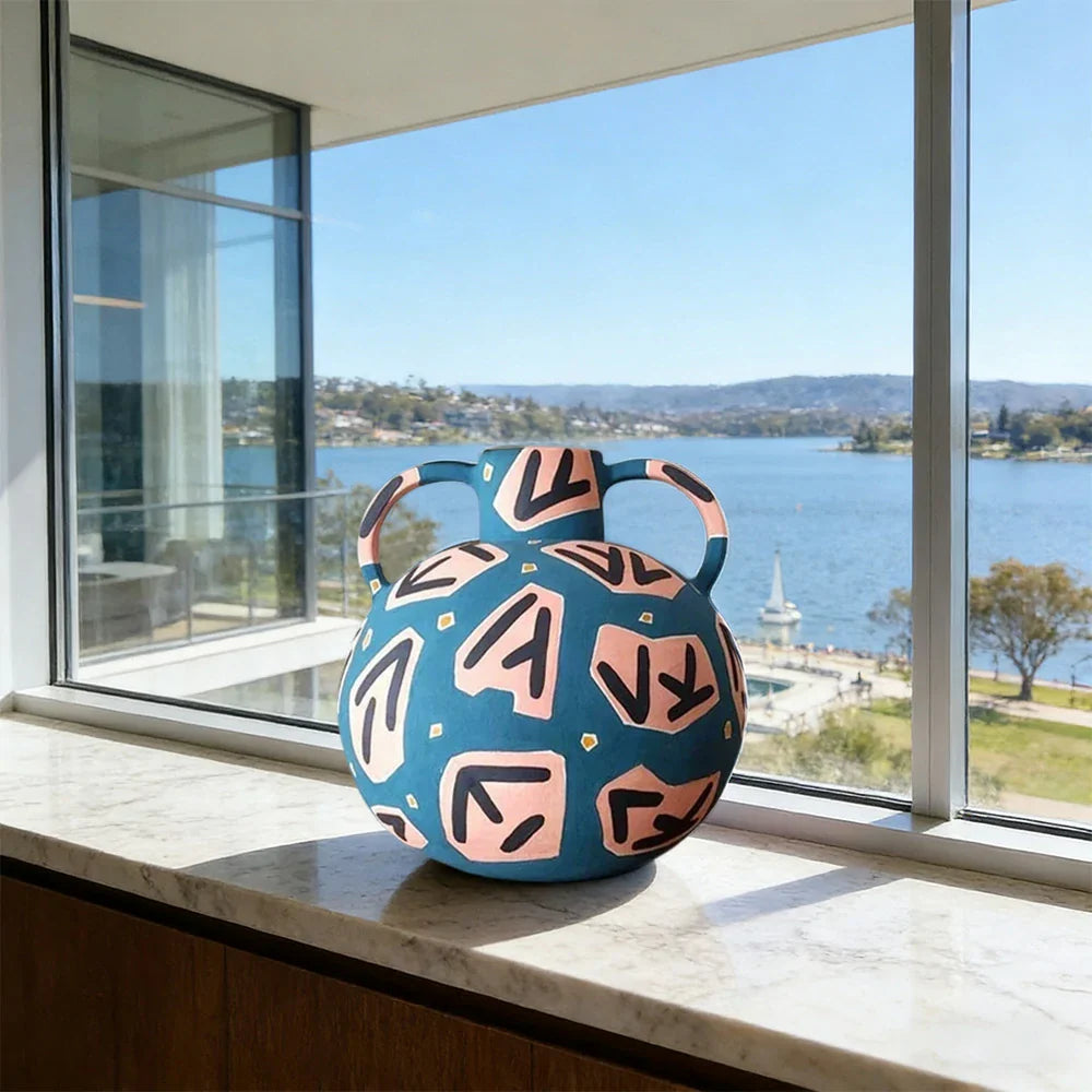 LIVARA Rune Ceramic Vase - Sculptural Double-Handle Design with Hand-Painted Symbol Pattern Handcrafted Artistic Decor for Modern Interiors - Blue Multicolor