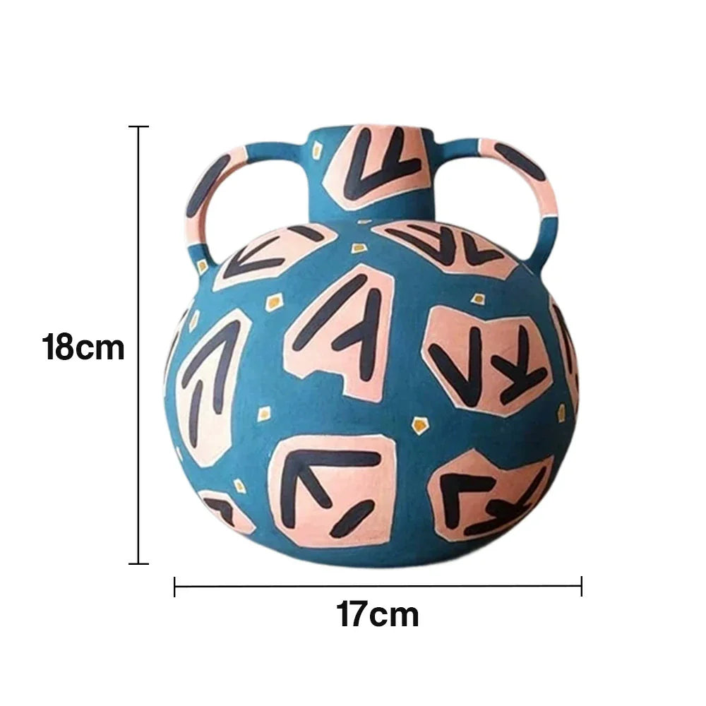 LIVARA Rune Ceramic Vase - Sculptural Double-Handle Design with Hand-Painted Symbol Pattern Handcrafted Artistic Decor for Modern Interiors - Blue Multicolor